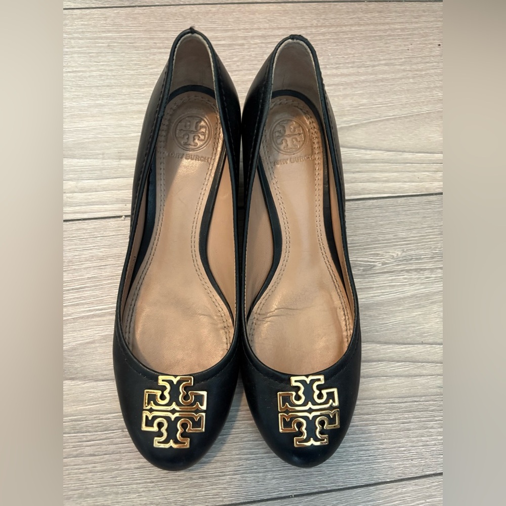 Tory Burch Black Heels with Gold Logo